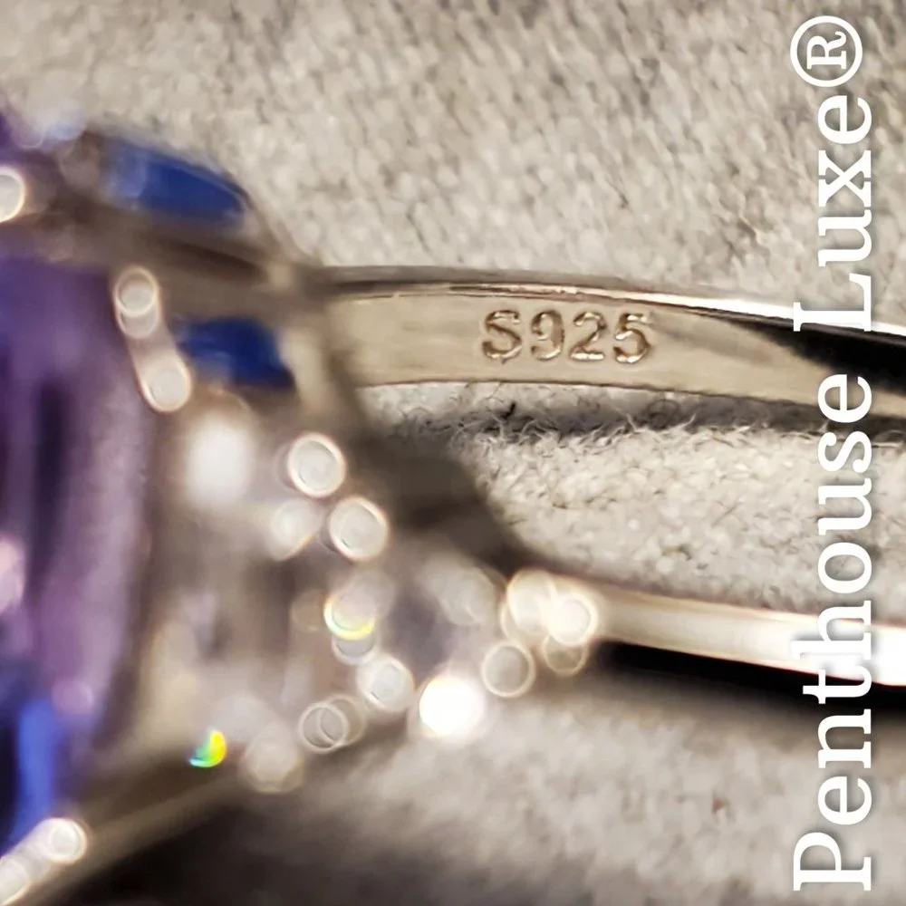 SOLID 925 Sterling Silver Purple Amethyst Elongated Hexagon Cut Ring - Picture 5 of 6
